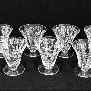 Vintage Tiffin Franciscan June Night Set of 7 Crystal Etching Cone Tumblers.